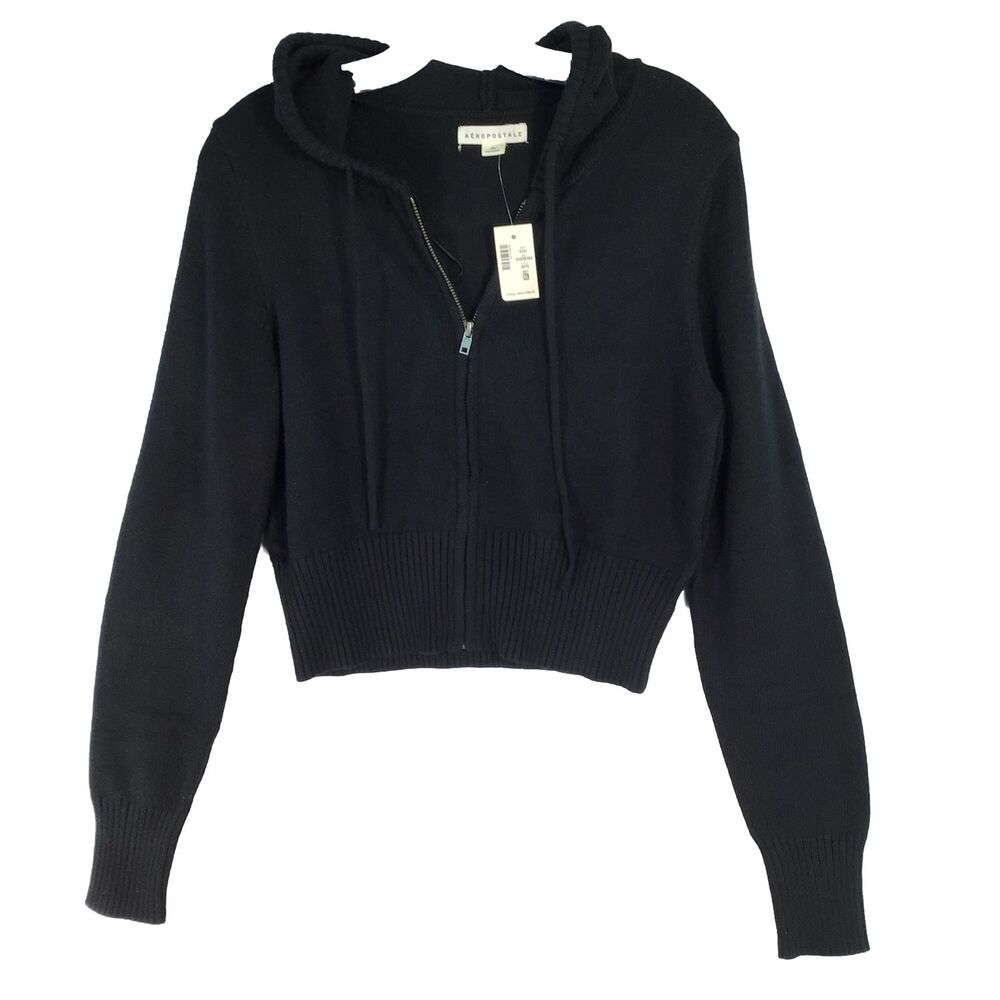 Aeropostale NEW NWT Zip Up Big Girls XL Cardigan Sweater Black Cropped Hood SOFT